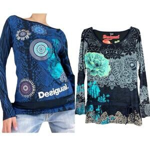 Vintage Y2K Desigual Artsy Tie Drop Waist‎ Floral Metallic Detail Long Sleeve M